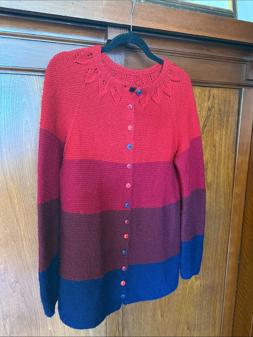 Handmade Striped Multi-Color Button-Front Knit Cardigan - Red, Burgundy & Blue